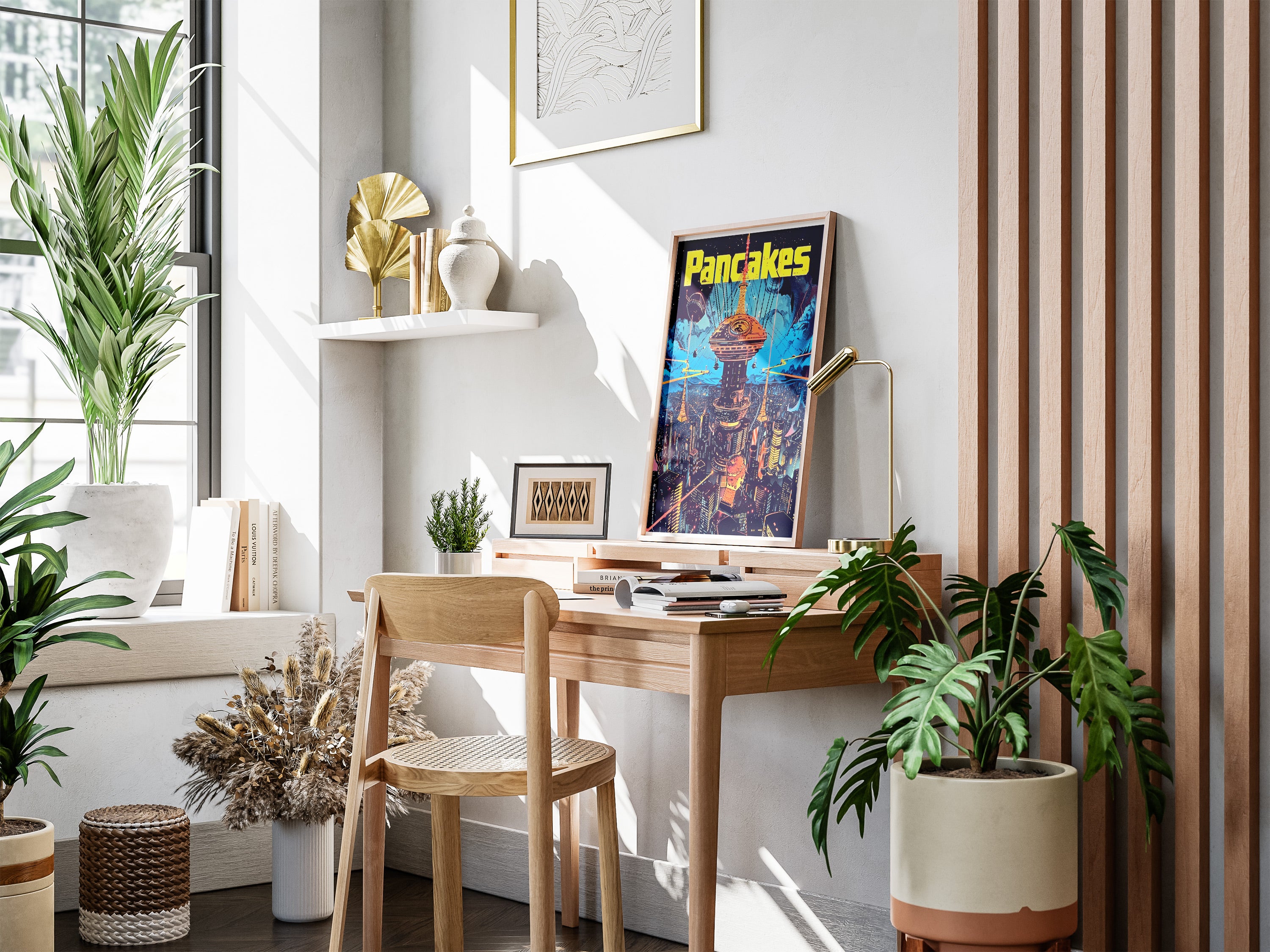 Cyberpunk Pancakes Poster | Retro Futuristic Cityscape Sci-Fi Wall Art