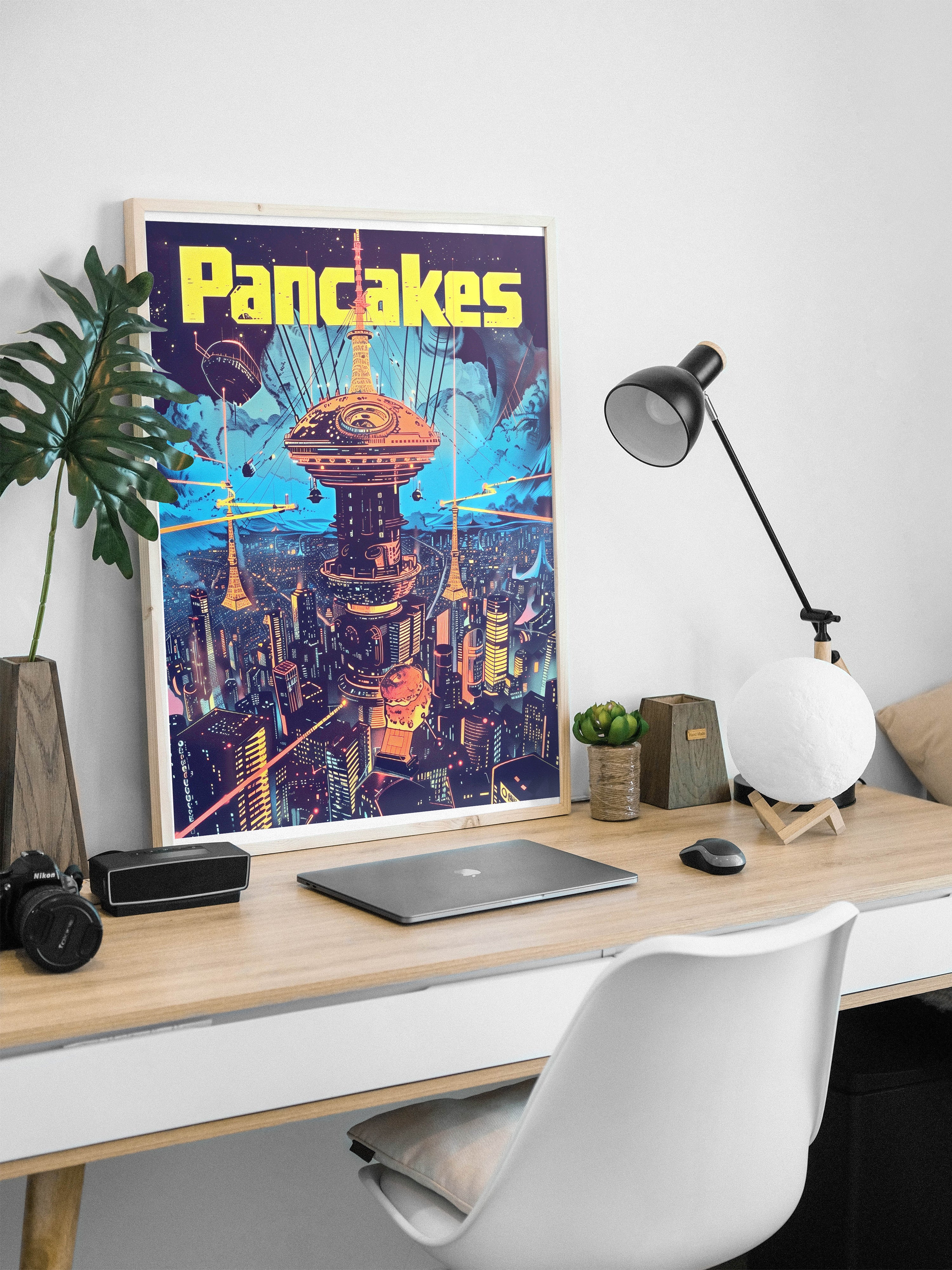 Cyberpunk Pancakes Poster | Retro Futuristic Cityscape Sci-Fi Wall Art