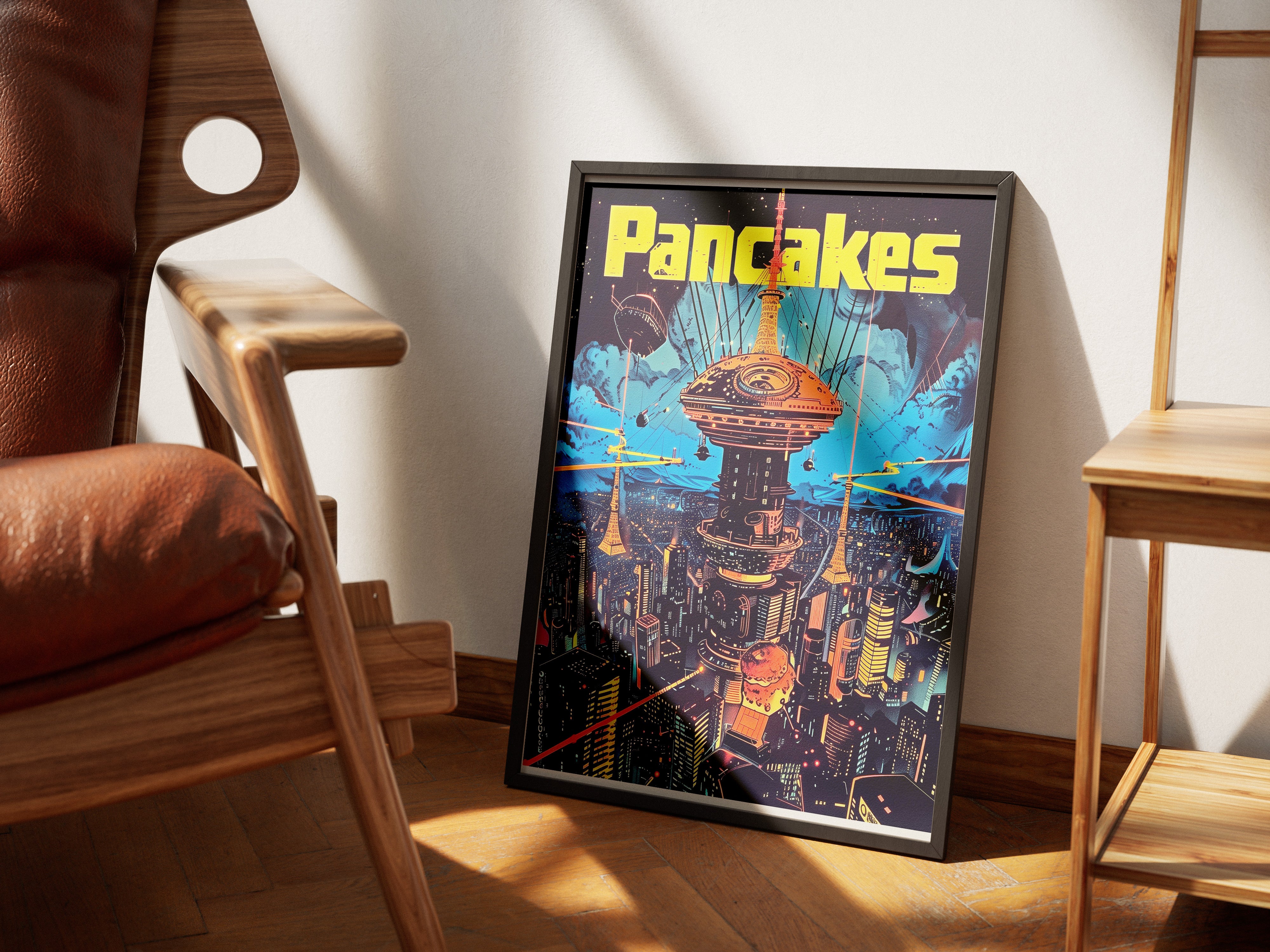 Cyberpunk Pancakes Poster | Retro Futuristic Cityscape Sci-Fi Wall Art
