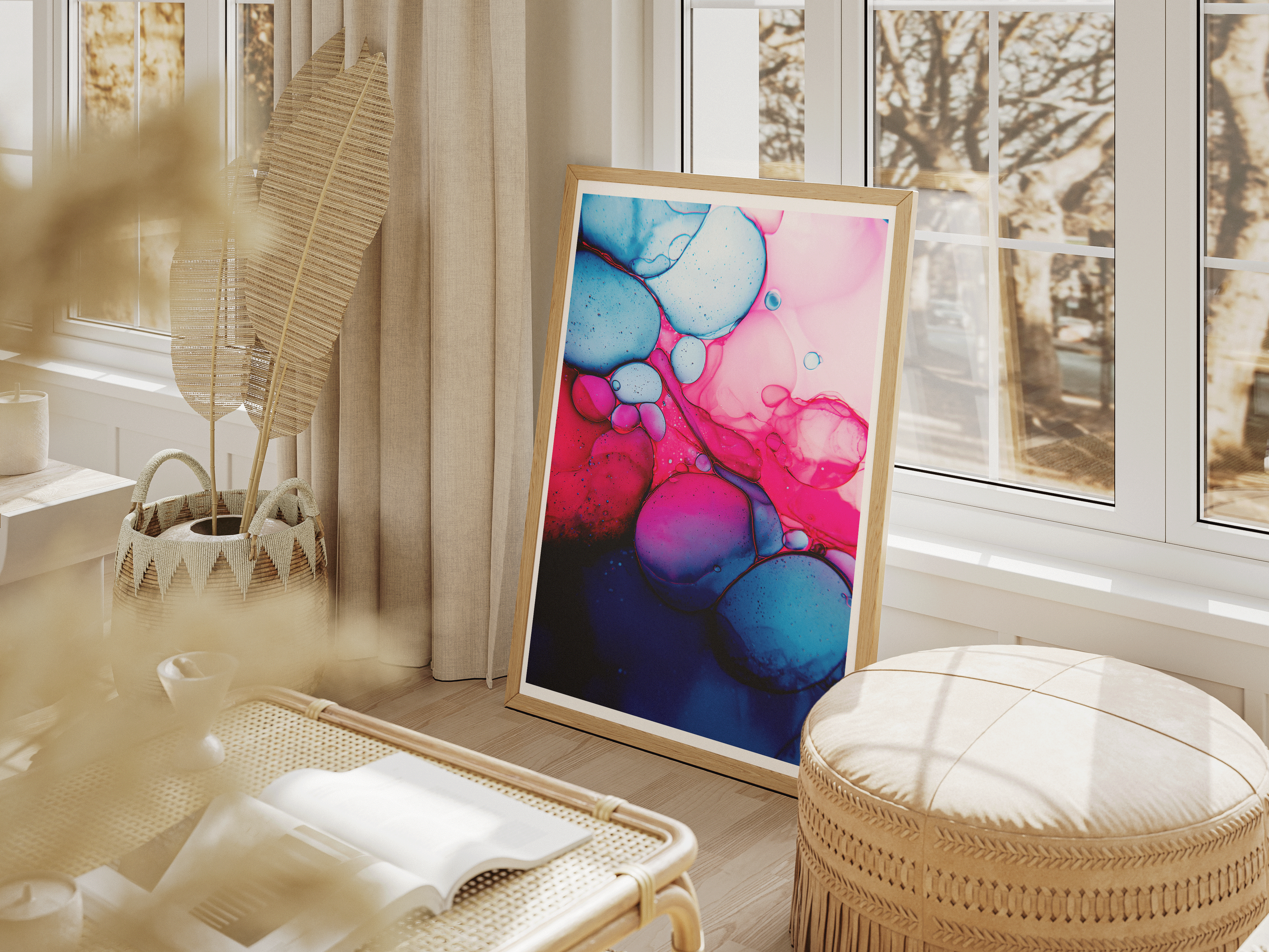 Pink and Blue Fluid Art Poster | Abstract Bubble Texture Wall Print in Bold Colors