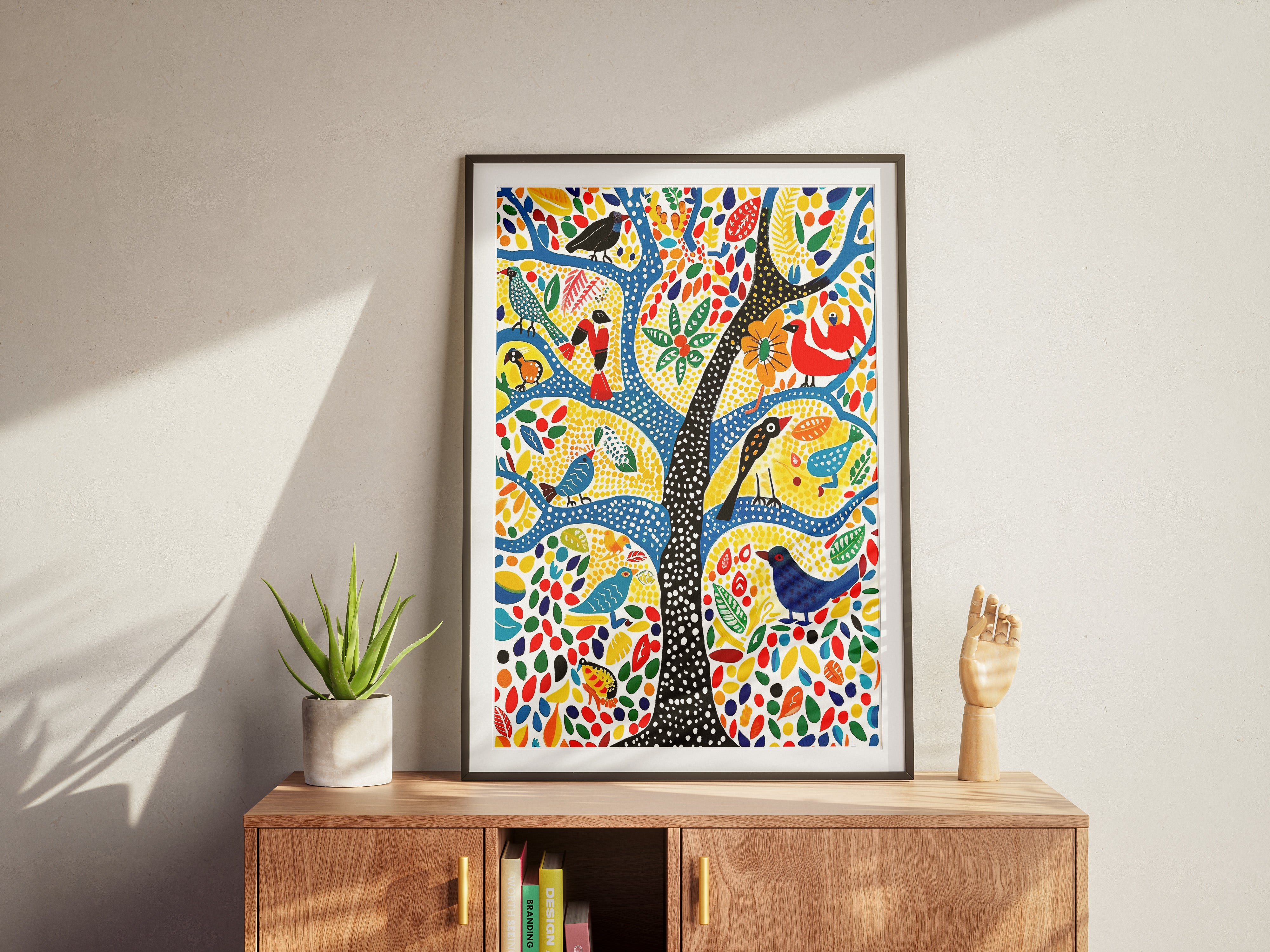 Gond Folk Art Poster | Colorful Tree with Birds and Flowers Print
