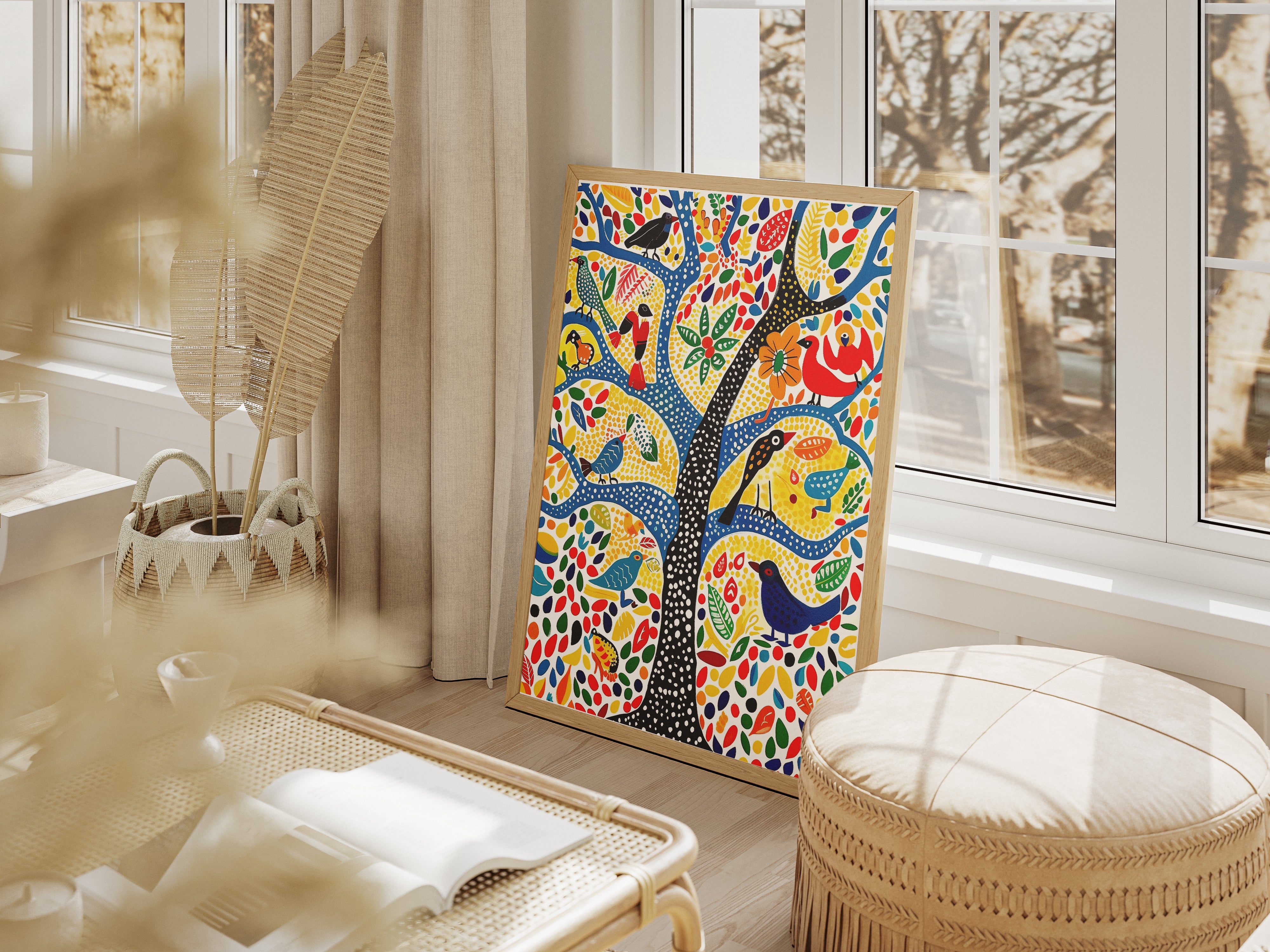 Gond Folk Art Poster | Colorful Tree with Birds and Flowers Print