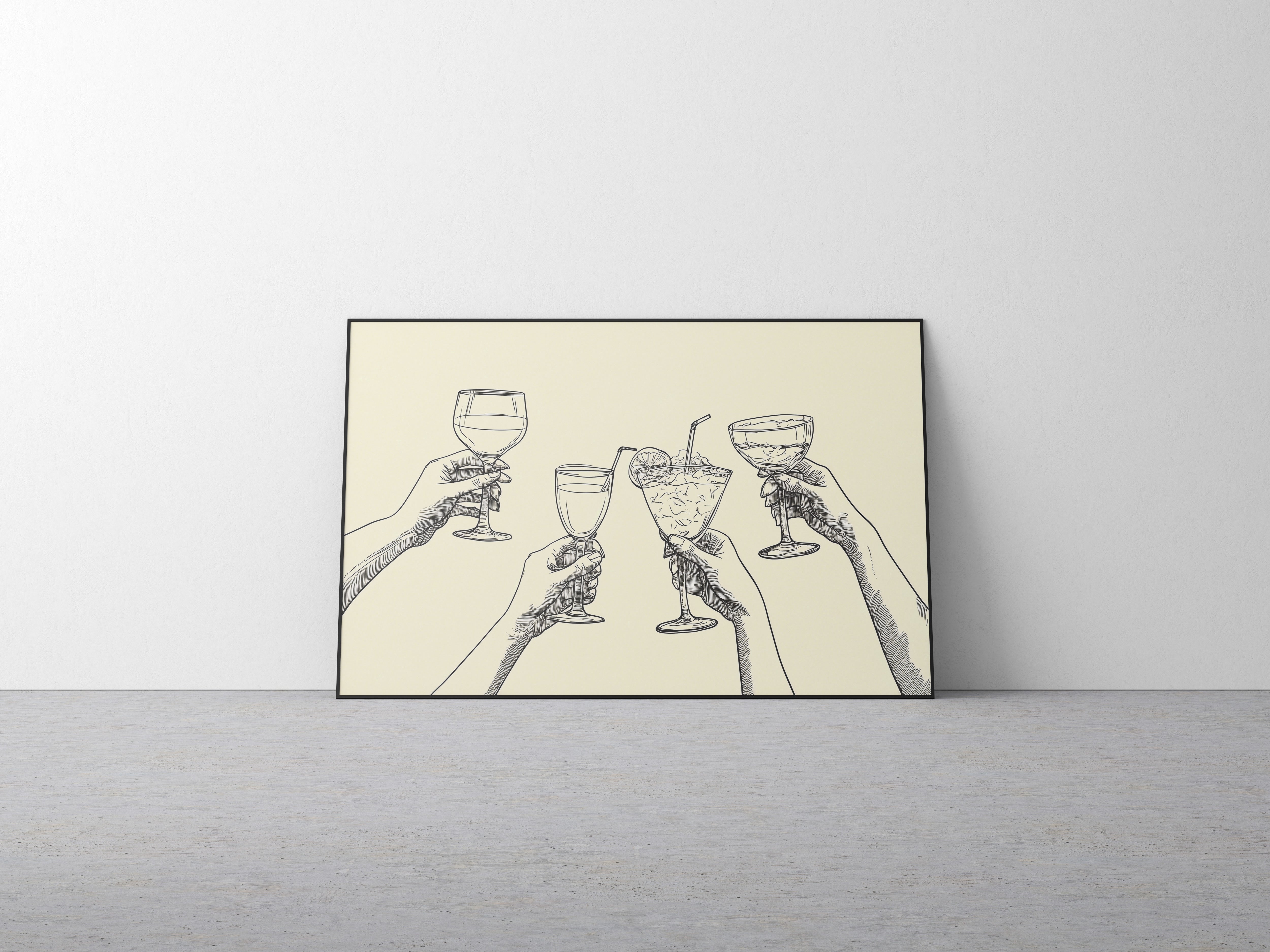 Minimalist Cheers Poster | Hand Drawn Cocktail & Wine Line Art