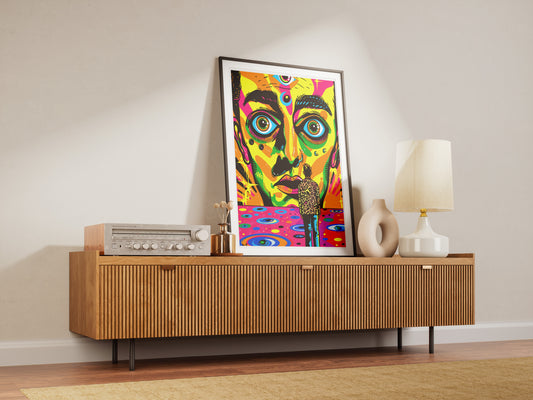 Psychedelic Pop Art Poster | Trippy Face Print with Leopard Coat Figure
