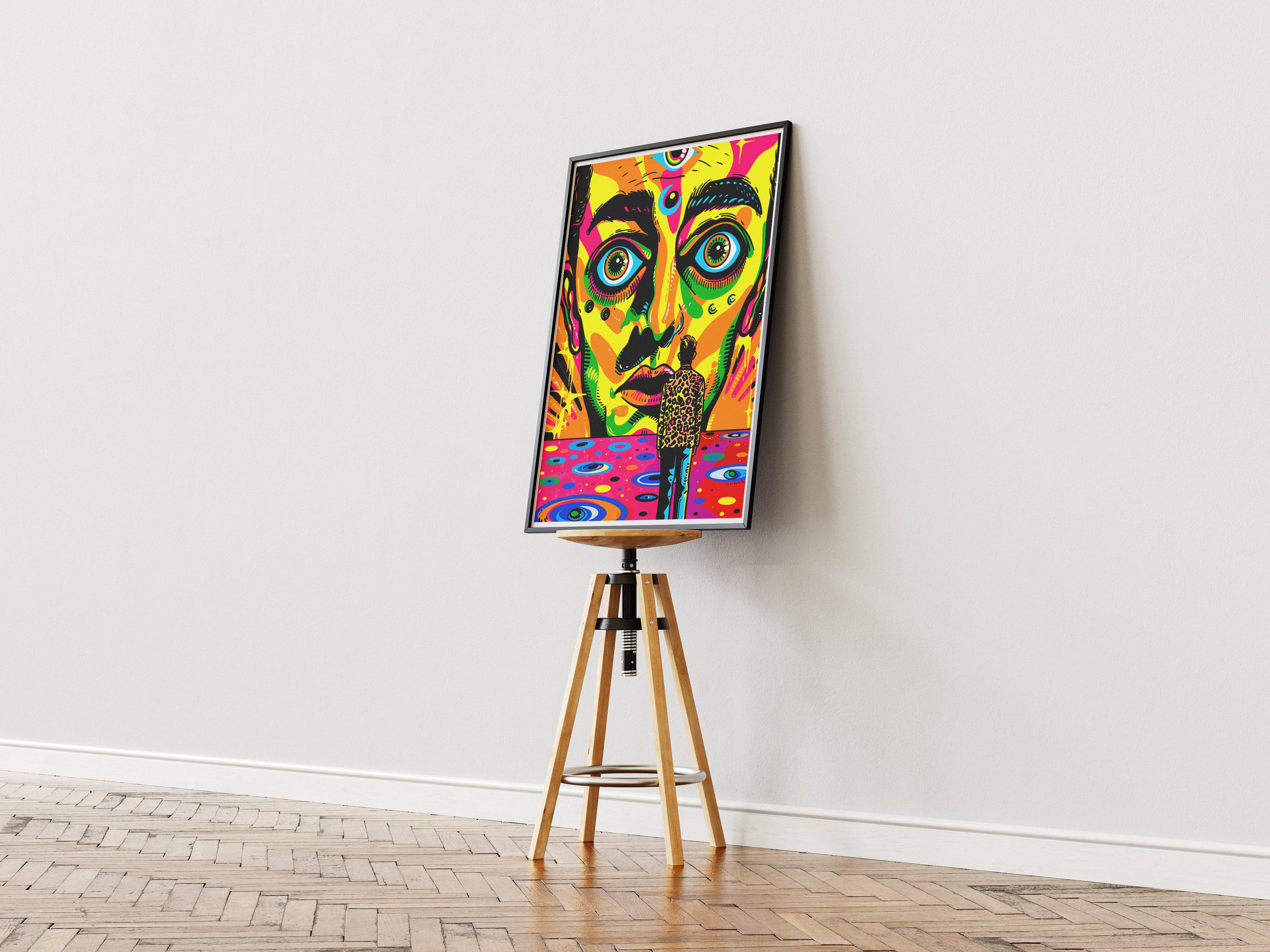 Psychedelic Pop Art Poster | Trippy Face Print with Leopard Coat Figure
