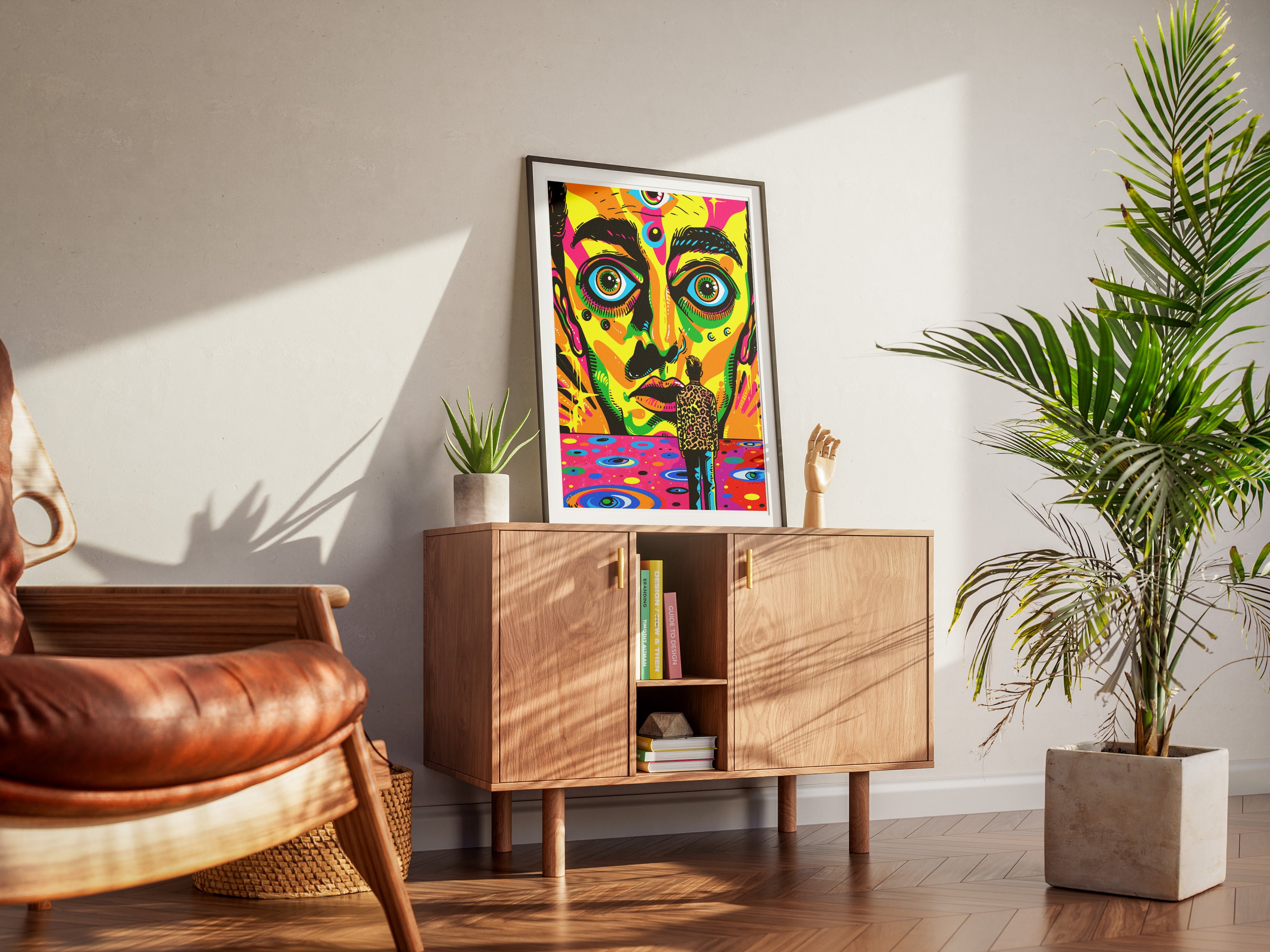 Psychedelic Pop Art Poster | Trippy Face Print with Leopard Coat Figure