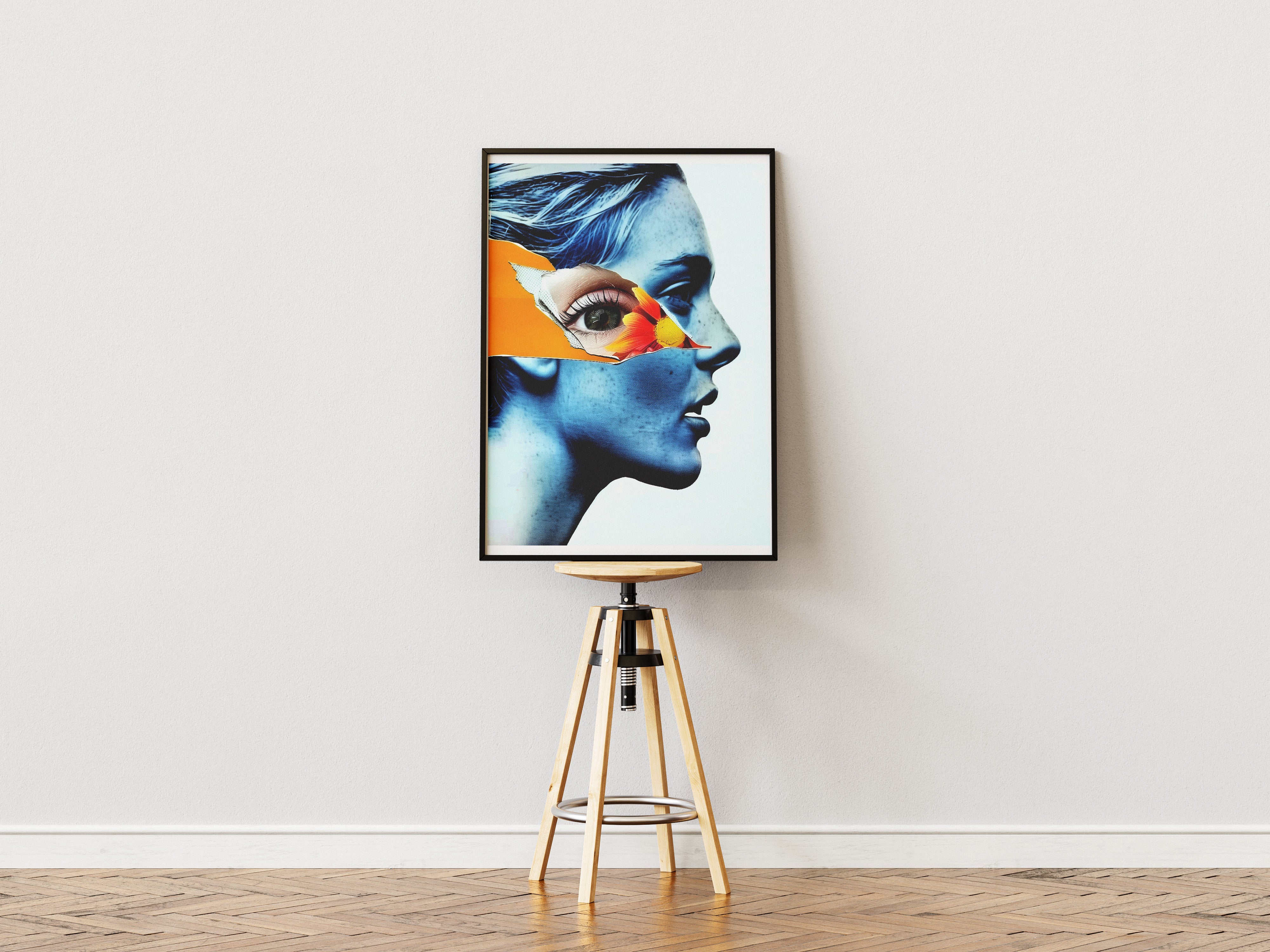 Surreal Blue Woman Portrait Poster | Orange Flower Collage Eye Art Print